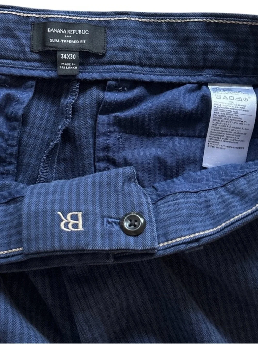 Banana Republic Slim-Tapered Blue Herringbone Cotton Blend Stretch Pants 34 X 30